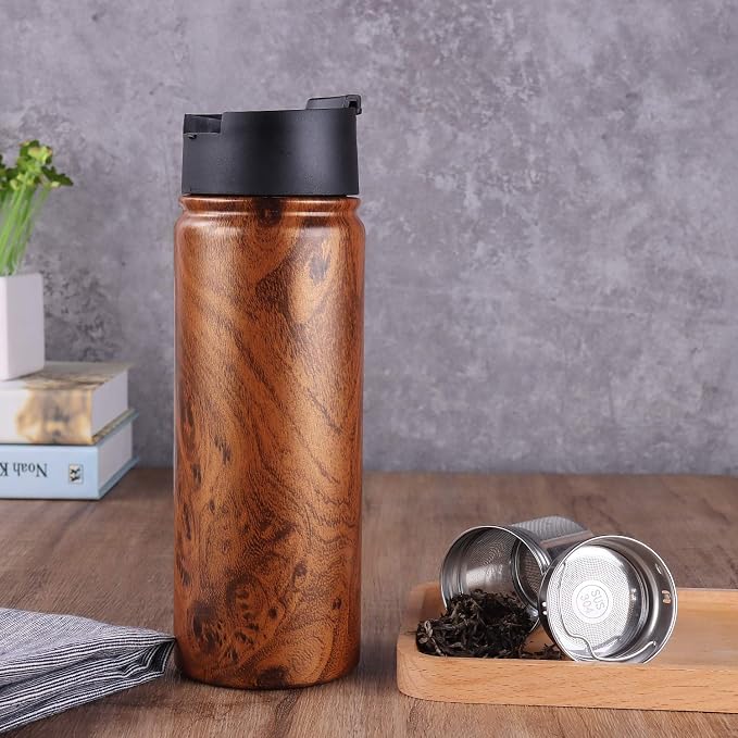 Sivaphe Tea Infuser Bottle With Removable Loose Leaf Tea Strainer, 18/8 Stainless Steel Insulated Travel Tumbler Festival Gift(Wood Grain)