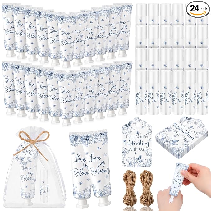 24 Sets Blue Floral Love Is in Blooming Hand Cream and Lip Balm Gift Love Is in Blooming Bridal Shower Favors for Guest Travel Size Hand Lotion and Lip Balm Bulk Bridal Shower Birthday Party Supplies