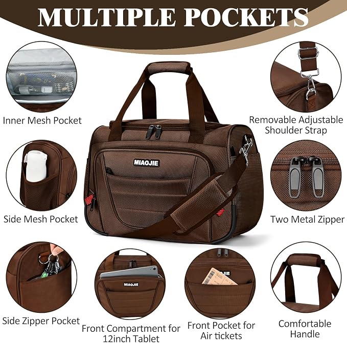 Underseat Carry On luggage Bag Airplanes Personal Item Bags, Gym Bag for Men Weekender Overnight Travel Tote Bag Shoulder Small Softside Carry on Luggage Travel Duffel Bags For Men Women -16 IN Brown