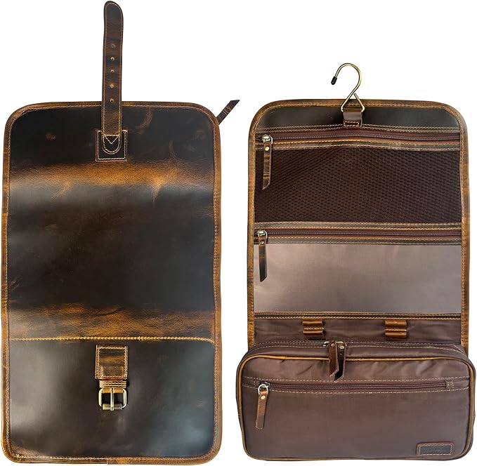 RUSTIC TOWN Leather Hanging Toiletry Bag for Men - Travel Shaving Dopp Kit - Bathroom Shower Toiletries Organizer - Leather Cosmetic Makeup Bag for Women