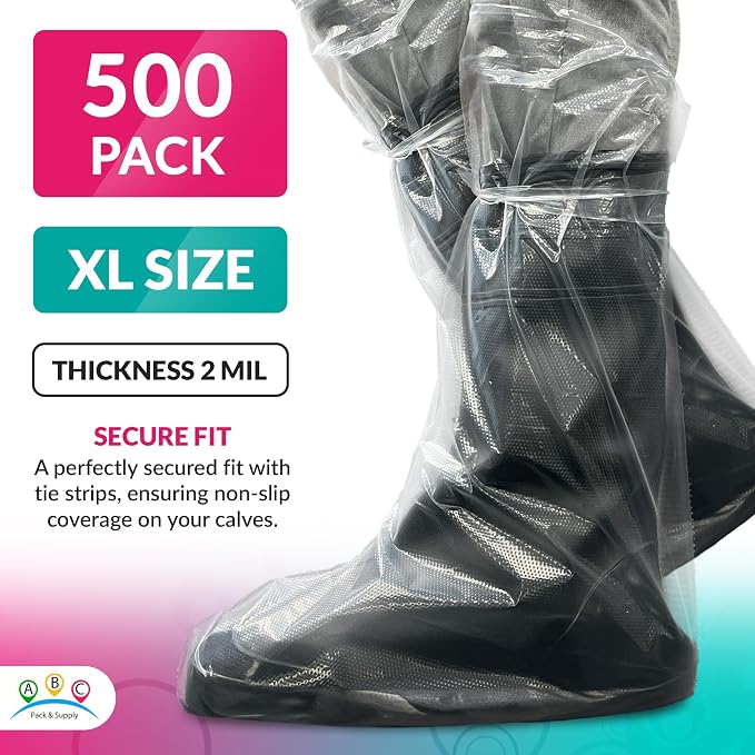 ABC Waterproof Disposable Boot Covers, XL Size. Pack of 500 Clear Disposable Booties for Shoes Covers. Disposable Shoe Covers for Indoors Non Slip. Shoe Booties Disposable Non Slip