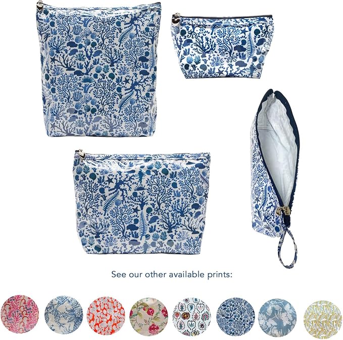 Jacaranda Living Large Cosmetic Bag – Water-Resistant Makeup & Toiletry Bag with PVC-Lined Interior, Travel Beauty Organizer, Blue Seashells