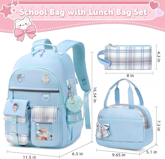 Backpack for Girls 15.6 Inch Laptop School Bag Kids Elementary College 3pcs Backpacks Lunch box Pencil Case Set Bookbags for Girls Teen Women Student Blue