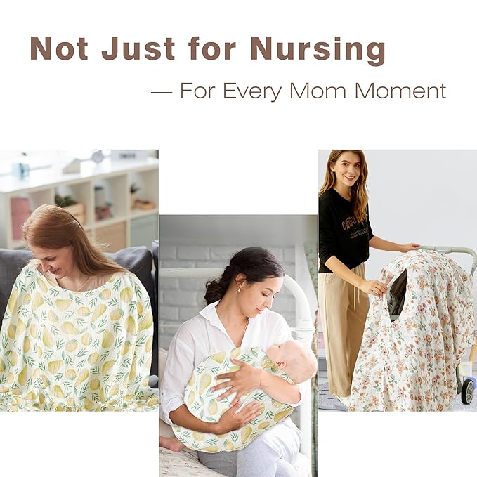 Muslin Nursing Cover for Breastfeeding – 360° Full Privacy & Comfort, Soft Breathable Cotton, Multi-Use Cover for Baby Car Seat & Stroller, Gift Box Included (Lemon-Pear Blossom)