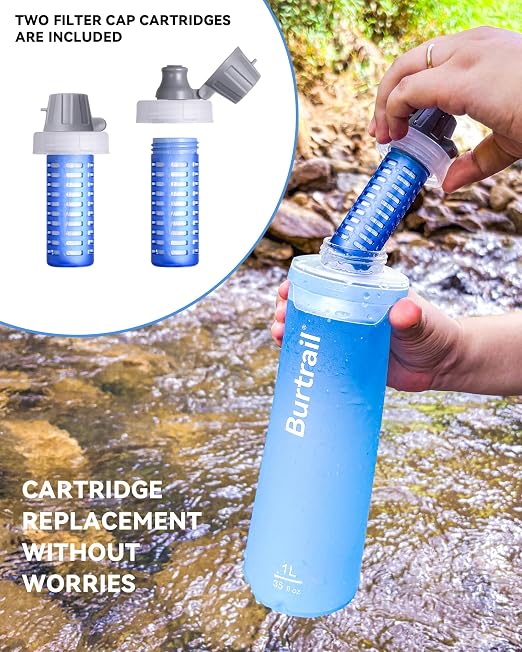 Outdoor Water Filter Bottle, BPA-Free Ultralight & Durable 1.0 L Collapsible Water Bottle with Two Filter Cap Cartridge, Filtered Water Bottle for Camping, Hiking, Backpacking