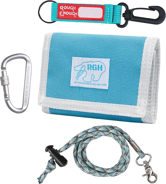 Rough Enough Kids Wallet for Boys Ages 6-16, Canvas Trifold with Neck Lanyard, Zipper Coin Pockets, Card Slots for Campus, Camping and Travel, Light Blue