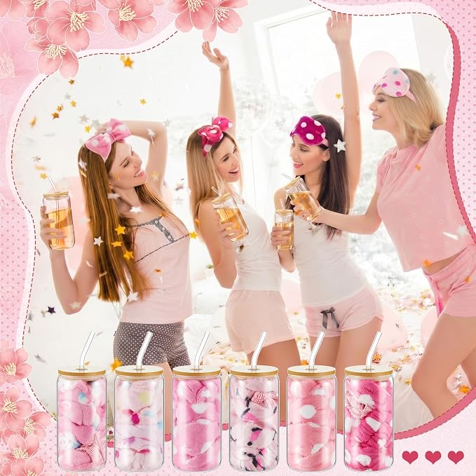37 Pcs Spa Sleepover Party Supplies for Girls, 6 Set Spa Party Favors, Include Cups, Hairbands, Sleep Eye Mask, Headband, Brush, Tote Bags with Ribbon for Pink Sleepover Birthday Favors