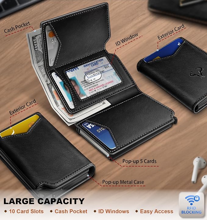 BULLIANT Men Wallet Leather Wallet Card Holders Money Clip for Men 10Cards-Magnetic Flip on Metal Case