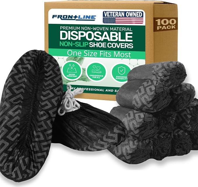 Frontline Shoe Covers Disposable Non-Slip, Premium Non-Woven Durable Booties Shoes Covers – Water Resistant Thick Anti-Slip - One Size Fits Most by Frontline (Black 1000 Pack)