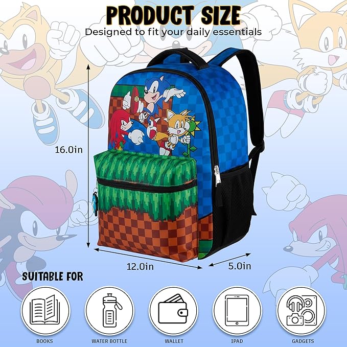 AI ACCESSORY INNOVATIONS Sonic The Hedgehog Backpack, Boys & Girls Featuring Sonic, Tails, and Knuckles,16” Bookbag w/Molded Sonic Dangle, Blue