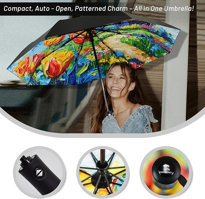 SY COMPACT Travel Umbrella - Windproof Automatic Compact Umbrella for Rain, Lightest 8-Rib, Small, Strong & Portable, Durable Grip, Fits Backpack & Car, Factory Direct (UV Available)