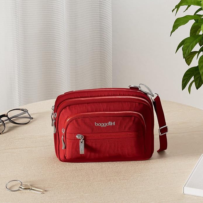 Baggallini Triple Zip Small Crossbody Bag for Women - Lightweight Convertible Fanny Pack Belt Bag