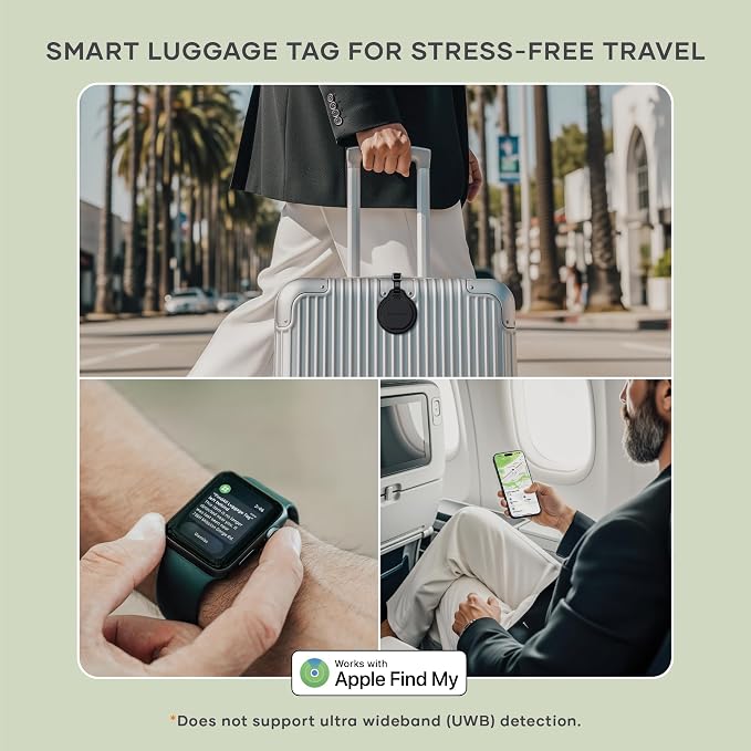Satechi FindAll Smart Luggage Tag with Find My, TSA-Friendly, Airport Tracking, Left-Behind Alerts, Loud Audible Chime, Wireless Rechargeable, Works with iPhone, iPad, Mac – Black