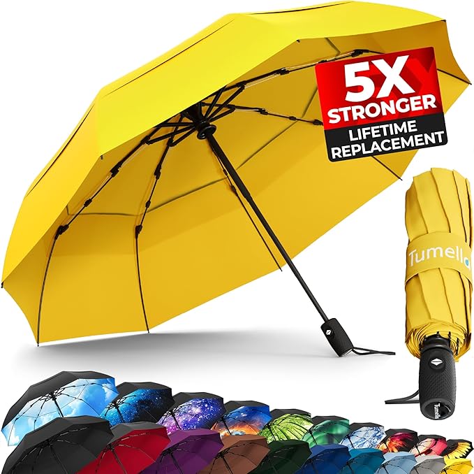 TUMELLA Strongest Windproof Travel Umbrella (Compact, 100MPH Wind-Tested), Light, Portable, One-Handed Use, Automatic Folding Rain Umbrella, Durable, Premium Grip, Fits Car & Backpack