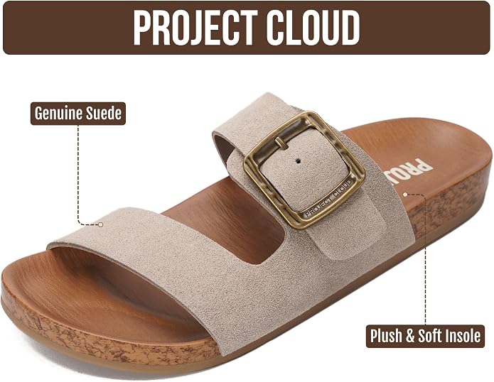 Project Cloud Womens Sandals - Adjustable Buckle Sandals for Women 2026 with Plush Insole - Lightweight & Non Slip Slides for Women Footwear