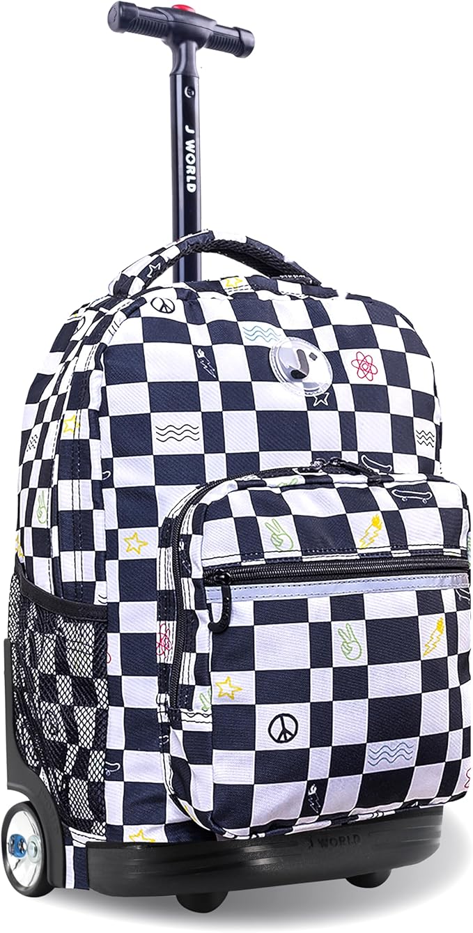 J World Sunrise Kids Rolling Backpack for Boys Girls. Roller Bookbag With Wheels For School, Icon Checkers