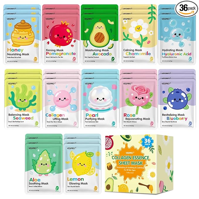 36 Pack Skincare Facial Masks, Hydrating & Moisturizing Face Masks for All Skin Types, Bulk Sheet Face Mask for Women, Spa Party Favors, Skincare Set for TeenGirls, Skincare Gift for Mom, Teacher Gift