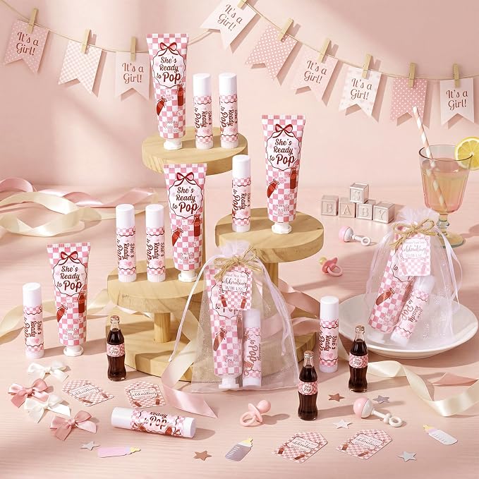Lounsweer 24 Sets She's Ready to Pop Baby Shower Hand Cream and Lip Balm Gift Red White Checkered Baby Shower Party Favors for Guest Travel Size Hand Lotion Gender Reveal Newborn Party Supplies