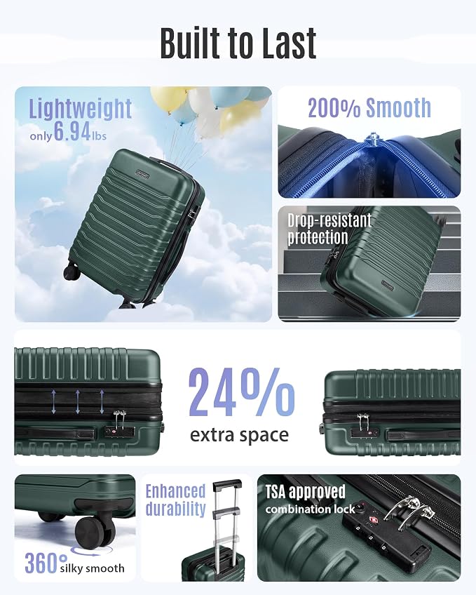LIGHT FLIGHT Expandable Carry On Luggage 22x14x9 Airline Approved with Double Spinner Wheels, 20 Inch Lightweight Hard Shell Rolling Suitcases with TSA Lock, Pine Green
