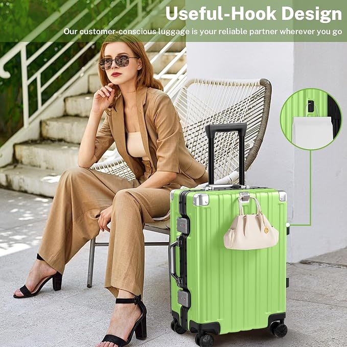Krute Zipperless Luggage 24 Inch Aluminum Frame Suitcase with Spinner Wheels PC+ABS Hardide Checked Luggage TSA Approved No Zipper Travel Suitcase Green