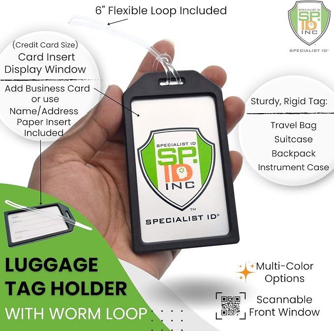Bulk 50 Pack - Premium Rigid Airline Luggage Tag Holders with 6" Worm Loops - Heavy Duty Hard Plastic -Suitcase ID Tag Identifiers with Business Card Insert Window by Specialist ID (Green)