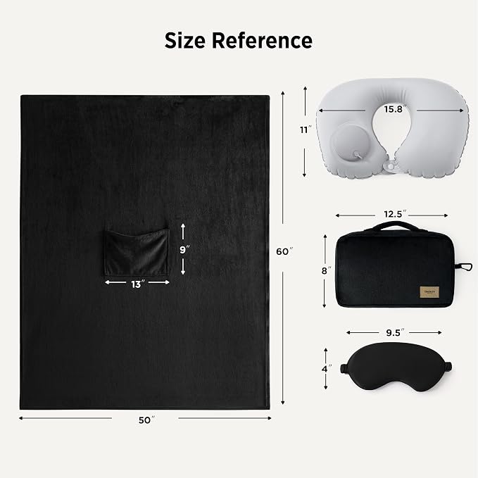 Bedsure Travel Blanket Set with Inflatable Neck Pillow and Eye Mask - Lightweight 3-in-1 Airplane Packable Blanket, Compact Travel Essentials, Black