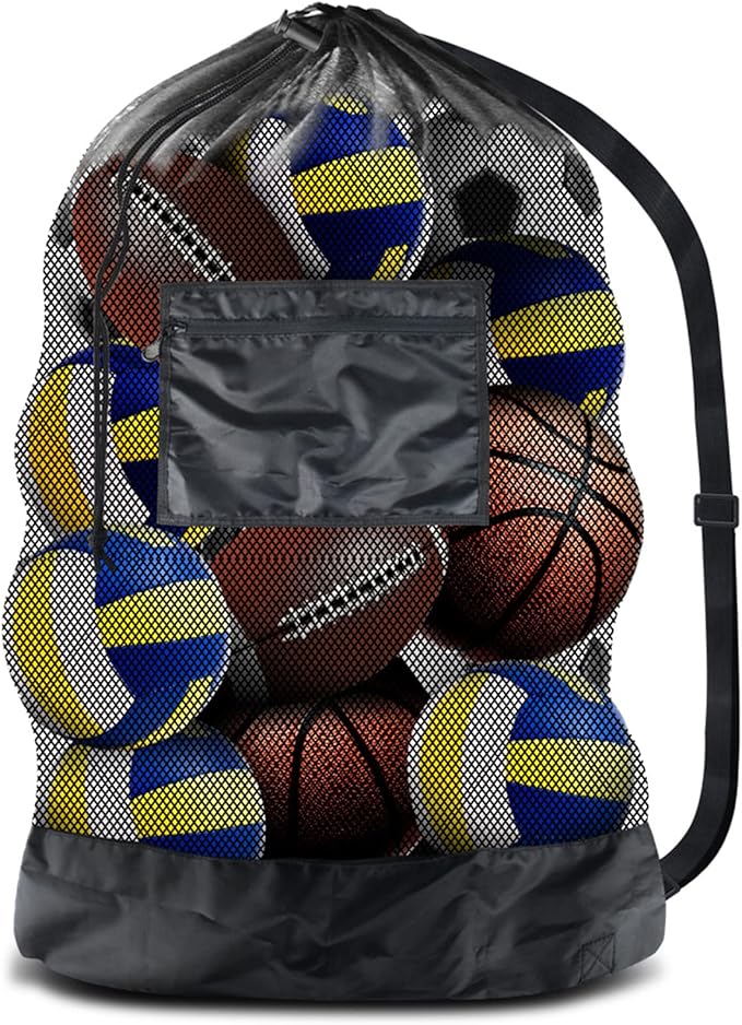 BROTOU Thickened Extra Large Sports Ball Bag Mesh Socce Ball Bag Heavy Duty Drawstring Bags Team Work for Holding Basketball, Volleyball, Baseball, Swimming Gear with Shoulder Strap