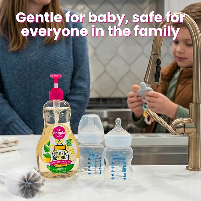 Dapple Baby Fresh Citrus Bottle & Dish Soap - (4 Pack) 16.9 fl oz - Cleans Baby Bottles, Sippy Cups, Pacifiers, Breast Pumps, & More - Gently Removes Milk Film & Odors - Includes 1 Pump