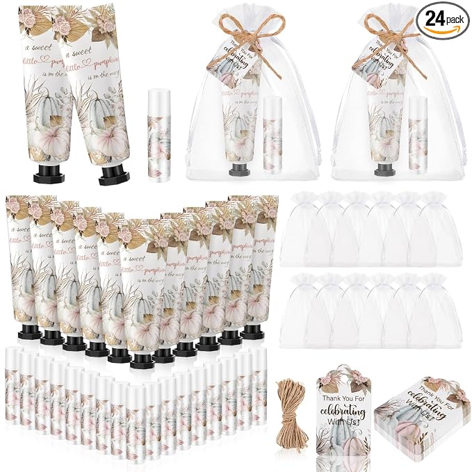 24 Sets Boho Fall Pumpkin Baby Shower Hand Cream and Lip Balm Gifts a Sweet Little Pumpkin Is on the Way Baby Shower Favors Travel Size Hand Lotion and Lip Balm with Organza Bags Tags for Guest