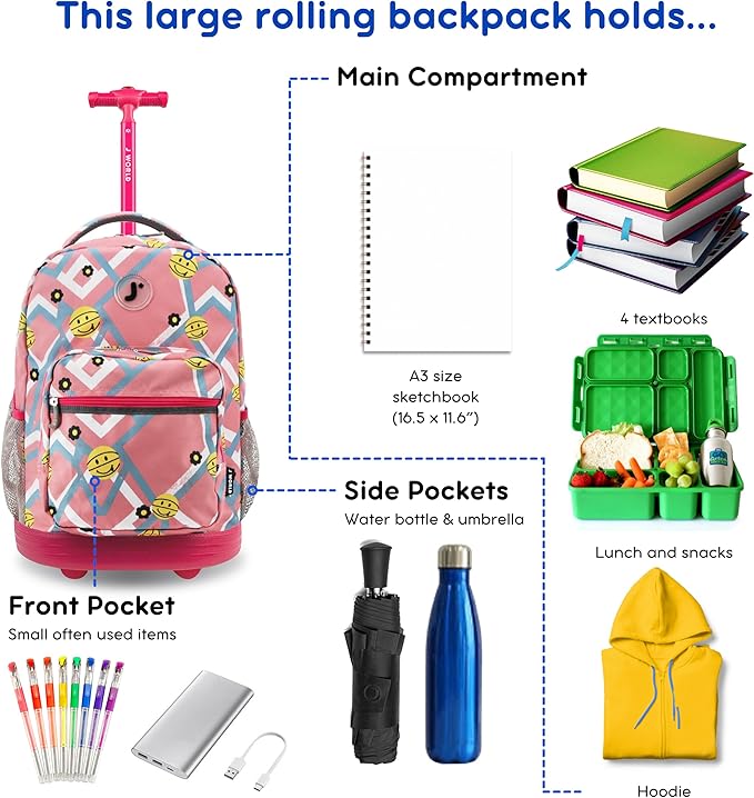 J World Sunrise Kids Rolling Backpack for Girls Boys. Roller Bookbag With Wheels For School, Basketbally