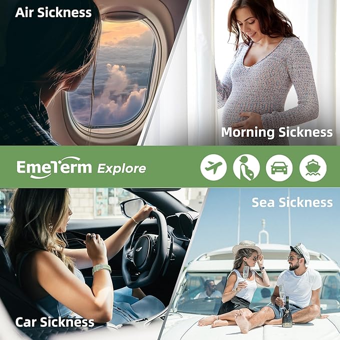 EmeTerm Explore Classic FDA-Cleared Anti-Nausea Wristband IP67 Waterproof Morning Motion Sickness Relief Band Rechargeable Classic Strap Design Drug Free Non-drowsy Without Side Effects Mint Green