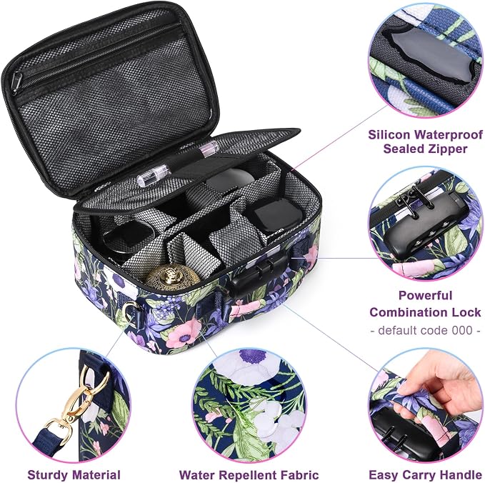 Storage Bag with Combination Lock and 10 Accessories, Travel Medicine Storage Lock Box, Carbon Lined Sling Pouch, Cosmetic Organizer Container Case, Women, Purple