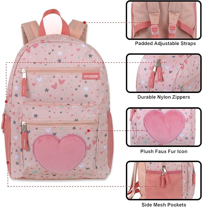 Trail maker 17” Kids Character School Backpacks Plush for Girls with Side Pockets, Padded Straps