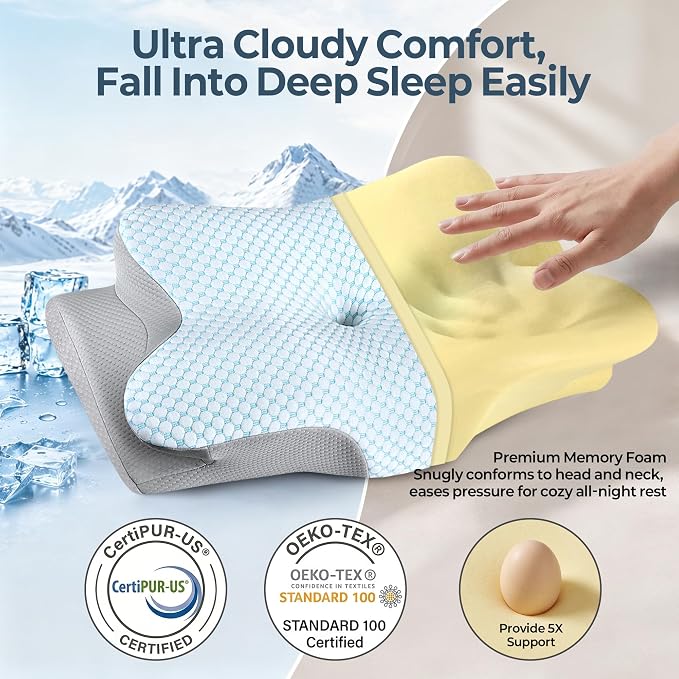 Cervical Neck Pillow for Pain Relief - Ergonomic Side Sleeper Pillow for Neck Support, Contour Orthopedic Cervical Pillow for Sleeping, Cooling Memory Foam Pillows for Back Stomach Sleepers (Blue)