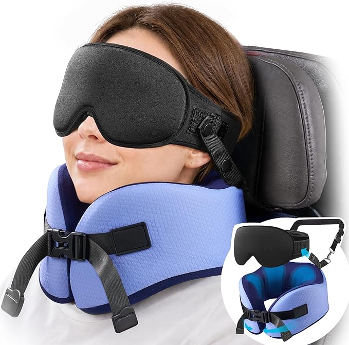 YFONG Travel Pillow for Long Flights, Patented 360° Ergonomic Sleeper Hold Head Support System with Memory Foam Neck Pillow & 3D Sleep Mask, Prevent Head Bobbing for Airplane & Road Trip, Blue