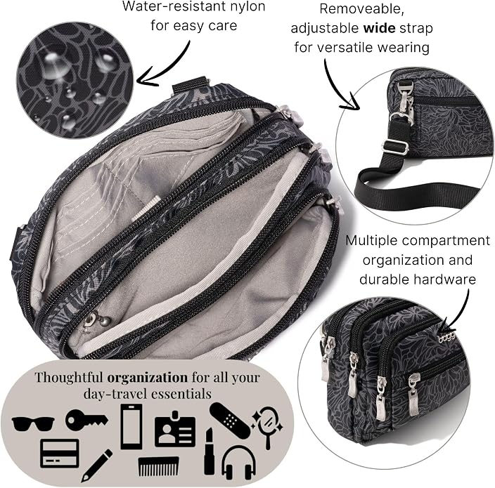 Baggallini Triple Zip Small Crossbody Bag for Women - Lightweight Convertible Fanny Pack Belt Bag