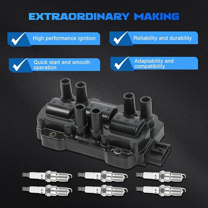 1PC UF434 Ignition Coils + 6PCS 4511 Iridium Spark Plugs Ignition Coils Pack Fits for 2009-2011 Lucerne, 2006-2011 Impala, 2004-2010 Malibu, 2005-2010 G6 3.5L 3.9L, Coil Pack Set OE 12587153