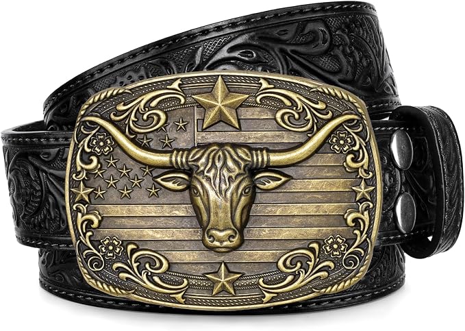 SANSTHS Western Cowboy Belts for Men Women, Mens Western Belt Bull Buckle Country Belt Cowboy Leather Belt for Jeans