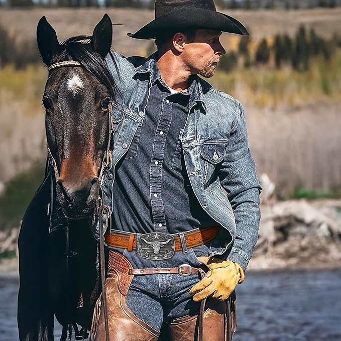 SANSTHS Western Cowboy Belts for Men Women, Mens Western Belt Bull Buckle Country Belt Cowboy Leather Belt for Jeans
