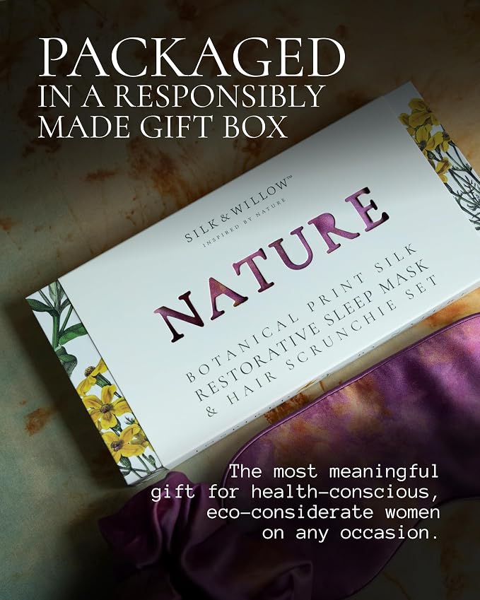 SILK & WILLOW - Botanical Print Pure Mulberry Silk Eye Mask & Scrunchie Gift Set, Luxurious Sleep Eye Mask & Hair Accessory Bundle, Durable Nature-Considerate Wellness Gifts for Women, Hot Peony
