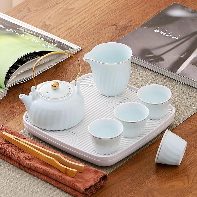 Chinese tea set, Kung fu tea set with 6 cups, Handle lifting Gongfu teaset, Home Office Outdoor Hotel (TilangB 6cups)