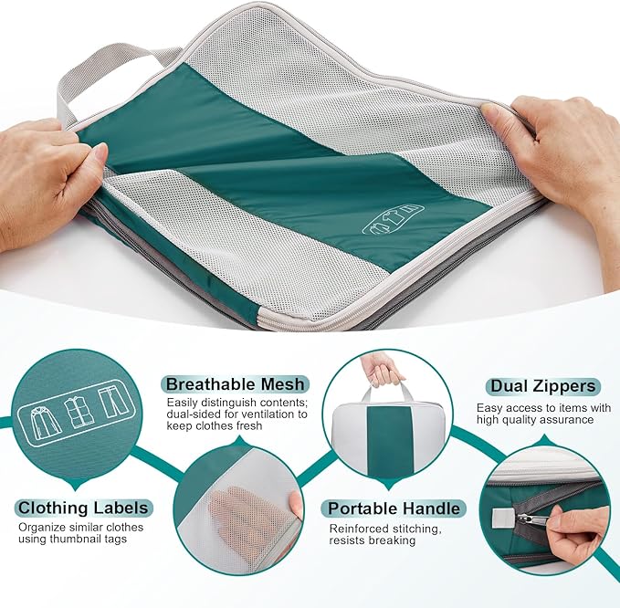 10 Set Compression Packing Cubes for Travel Essentials,Compressible Expandable Packing Cubes for Suitcase,OlarHike Luggage Garment Bags for Travel,Handy Helper for Organizing Clothes(Dark Blue Green)