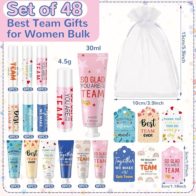 48set/192pcs Best Team Ever Gifts Team Appreciation Thank You Gifts for Coworkers Women Employee Appreciation Gift Party Favors Basket Stuffers Items Travel Hand Lotion and Lip Balm Set