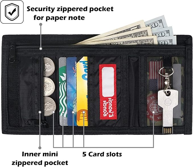Rough Enough Kids Wallet for Boys Teens with Neck Lanyard Keychain Zipper Coin Pocket Card Holder Black Soft Nylon