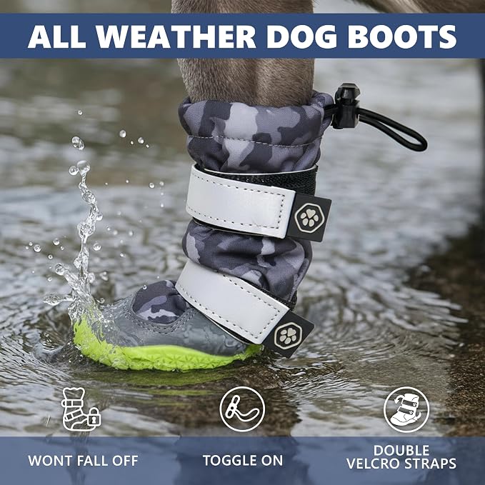 Spark Paws Dog Rainboots, Waterproof Dog Shoes for Medium to Large Dogs, Non Slip, Dog Booties and Paw Protectors - 4PCS Doggie Hiking Boots with Reflective Straps - Gray Camo, Size 5
