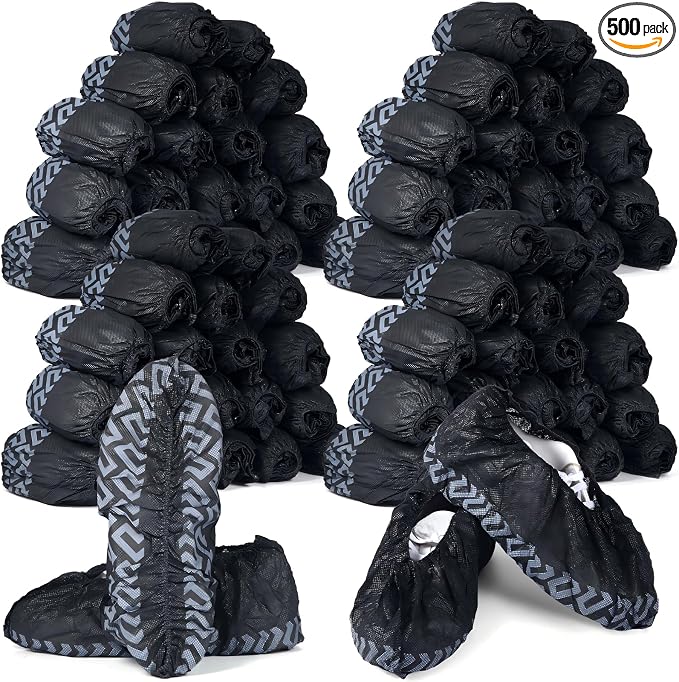Leumoi 500 Pcs Disposable Boot Covers Bulk Non Slip Disposable Shoe Covers Large Durable Non Woven Shoe Protector for Indoors, Home, Floors and Shoes, One Size Fits Most(Black)