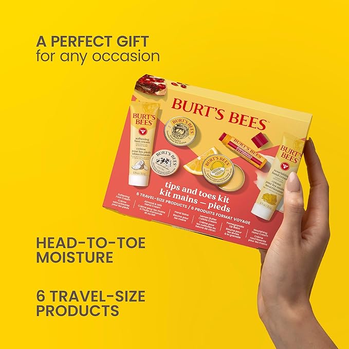 Burt's Bees Mothers Day Gifts Ideas, Tips and Toes Kit, 6 Travel Size Products - Pomegranate Moisturizing Lip Balm, 2 Hand Creams, Foot Cream, Cuticle Cream, and Hand Salve