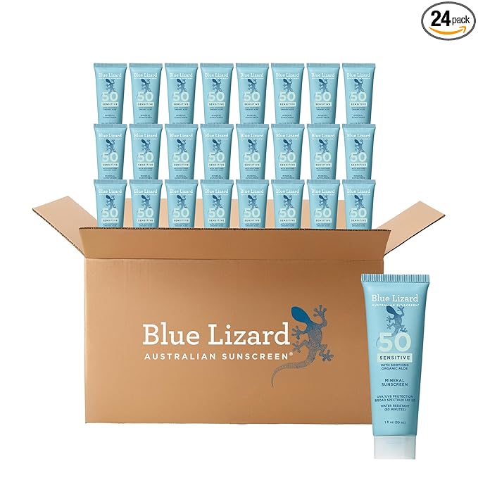 Blue Lizard Sensitive Mineral SPF 50 Sunscreen Lotion, 100% Mineral Active Sunscreen, Travel Size, UVA/UVB Protection, Infused with Organic Aloe Vera, We Love The Reef Formula, 1 fl oz, 24-Pack