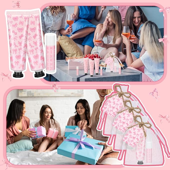 48 Sets Pink Bow Baby Shower Favors Bulk Coquette Baby Shower Gifts for Guests Include 48 Hand Cream and 48 Lip Balm Pink Bow Gender Reveal Decorations for Guests Friends