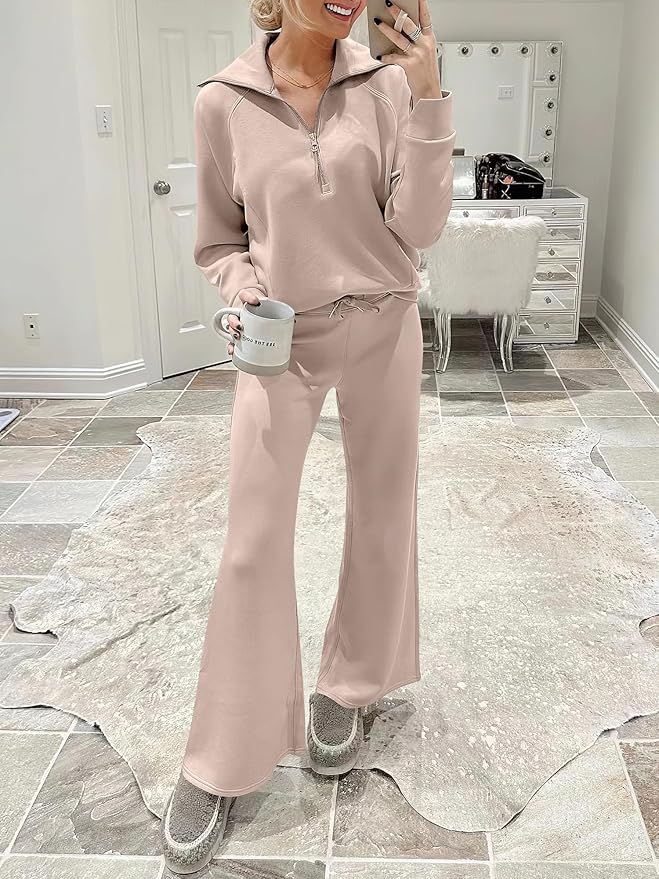 ANRABESS Women’s 2 Piece Outfits Half Zip Sweatshirt & Wide Leg Pants Airport Travel Lounge Matching Sets Sweatsuits Clothing